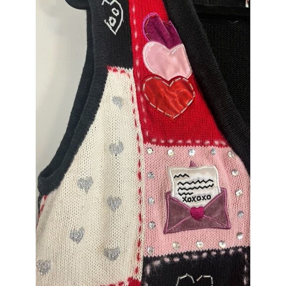 Retro Valentine Sweater Knit Vest Pink 12 Beaded Patchwork Classic Chic Metallic - Picture 3 of 11